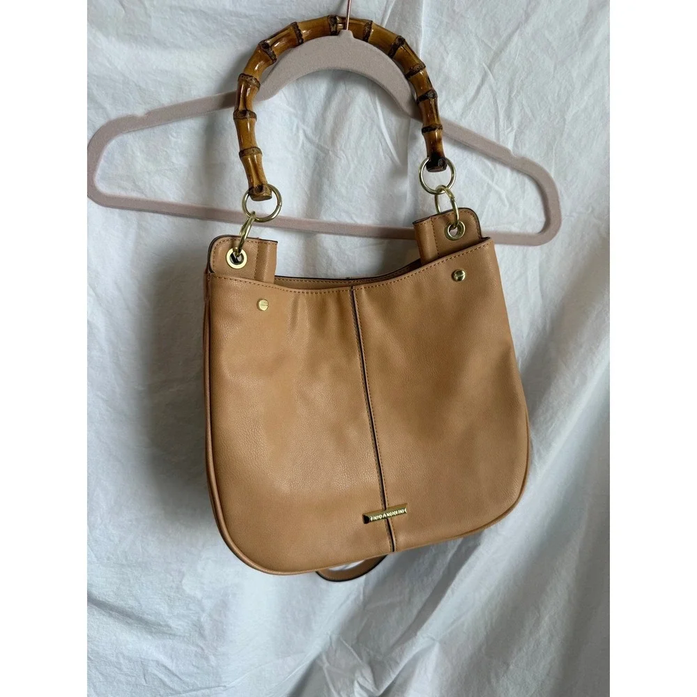 Enzo Angiolini Tan Crossbody Hobo Bag with Bamboo Handles Gold Hardware